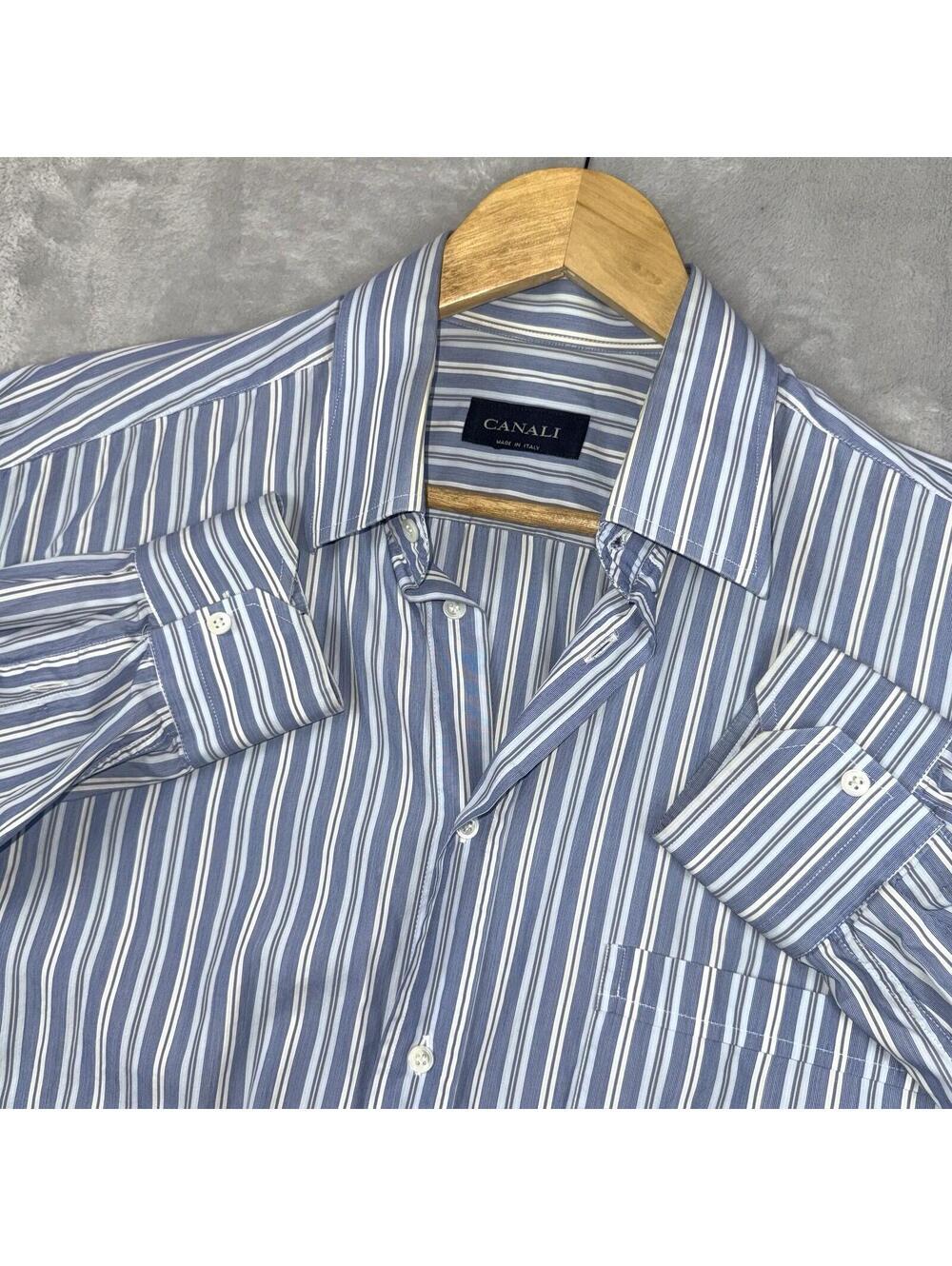 Canali Italy Blue White Striped Dress Shirt 41 16 Luxury Cotton Button Front Men